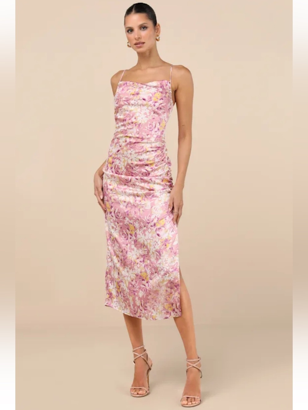 Lulu’s Truest Romance Pink Floral Sleeveless Ruched MIDI Dress